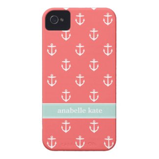 Coral and Mint Cute Anchors Custom Monogram iPhone 4 Covers