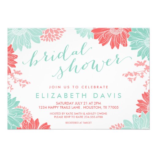 Coral and Mint Modern Floral Bridal Shower Personalized Invite