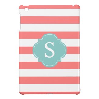 Coral and Mint Stripes Monogram Cover For The iPad Mini