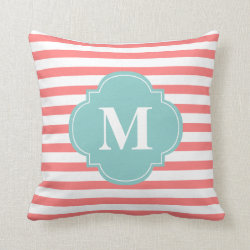 Coral and Mint Stripes Monogram Pillow