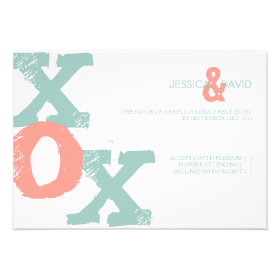 Coral and Mint XOX Wedding RSVP Personalized Announcements