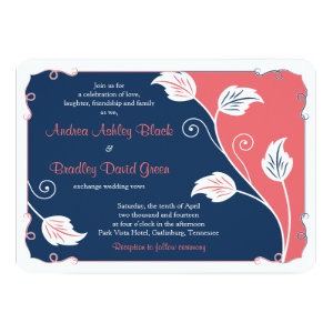 Coral and Navy Blue Leafy Vine Floral Wedding 5x7 Paper Invitation Card