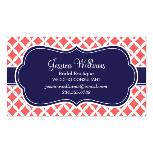 Coral and Navy Blue Modern Diamonds Business Cards (front side)