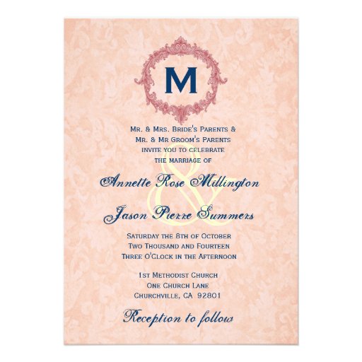 Coral and Navy Vintage Frame Monogram Wedding Invitation