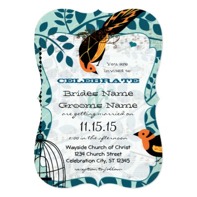 Coral and Teal Art Deco Inspired Birds Personalized Invitation