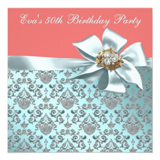Coral and Teal Blue Damask 50th Birthday Party Custom Announcements (front side)