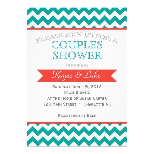 Coral and turquoise Chevron Shower Invitation (front side)