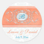 Coral, Aqua, and Gray 1.5" Round Wedding Sticker