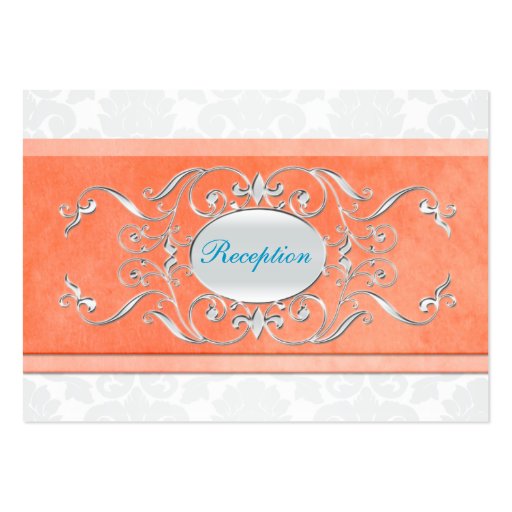 Coral, Aqua, and Gray Damask Enclosure Card Business Card Template (front side)