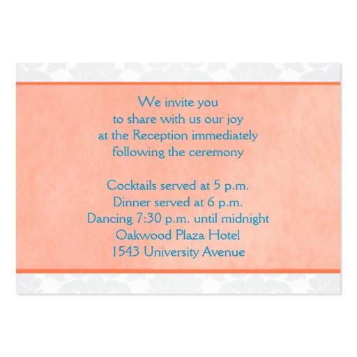 Coral, Aqua, and Gray Damask Enclosure Card Business Card Template (back side)