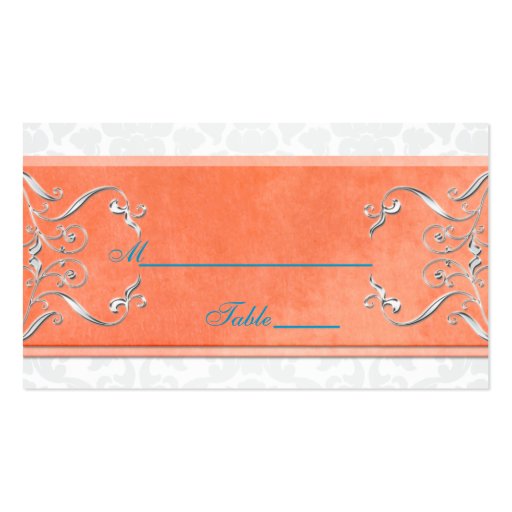 Coral, Aqua, and Gray Damask Placecards Business Cards (front side)