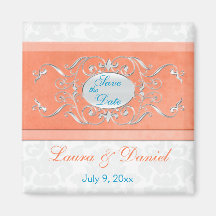 Coral, Aqua, and Gray Damask Save the Date Magnet