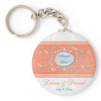 Coral, Aqua, and Gray Damask Wedding Favor Key Chain