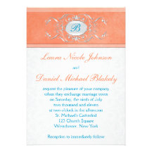 Coral, Aqua Blue, Gray Damask Monogram Invite