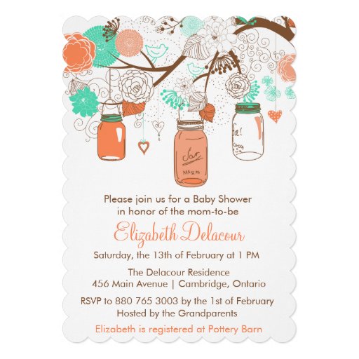 Coral & Aqua Mason Jars Baby Shower Invitation