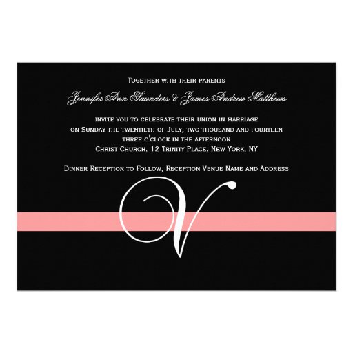 Coral Black White Monogram V Wedding Invitation