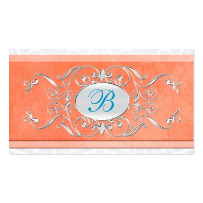 Coral Blue and Gray Damask Wedding Favor Tag Business Cards by Coral Blue and Gray Damask Wedding Favor Tag Business Cards by