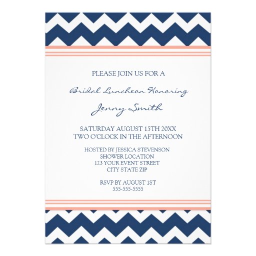Coral Blue Chevron Bridal Lunch Invitation Cards