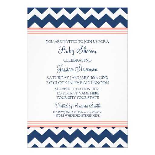 Coral Blue Chevron Custom Baby Shower Invitations