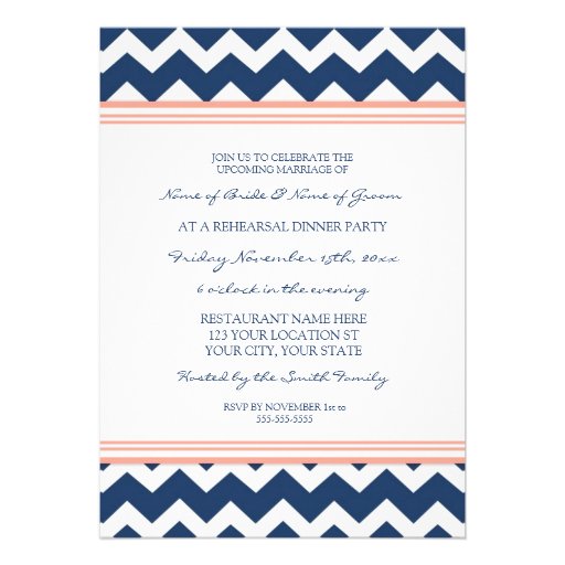 Coral Blue Chevron Rehearsal Dinner Party Custom Announcement