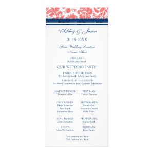 Coral Blue Damask Wedding Program Full Color Rack Card