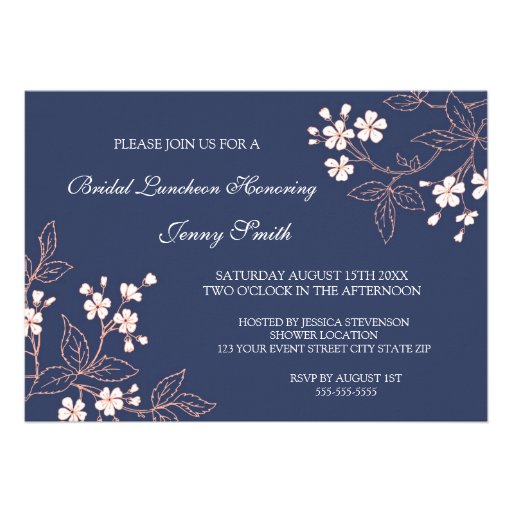 Coral Blue Floral Bridal Lunch Invitation Cards