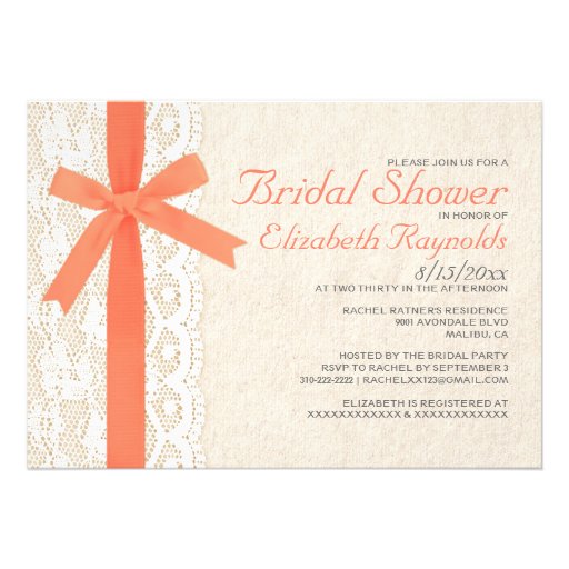 Coral Bow & Lace Bridal Shower Invitations