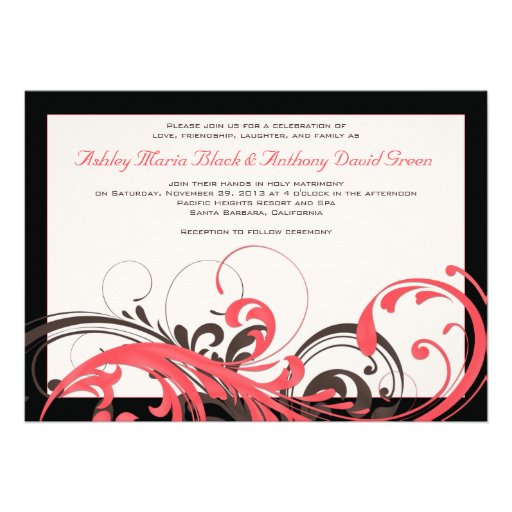 Coral, Brown, Black Floral Wedding Invitation