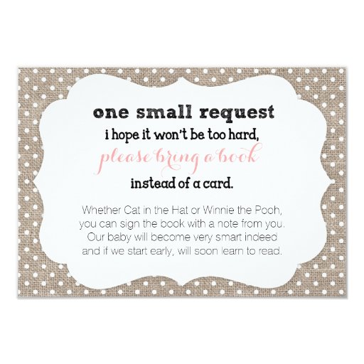 Coral & Burlap Dots Baby Shower Book Request Card Zazzle