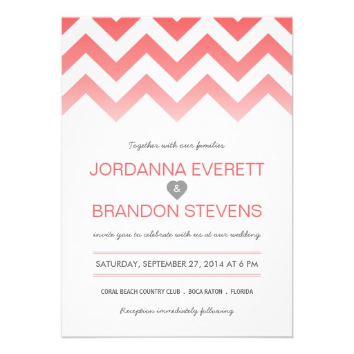 Coral Chevron Ombre Wedding Invitations (front side)