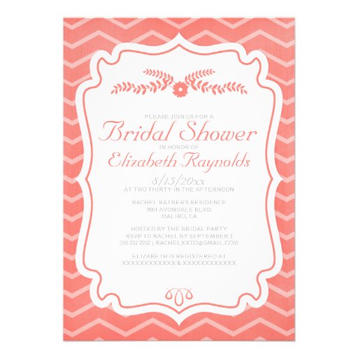 Coral Chevron Stripes Bridal Shower Invitations