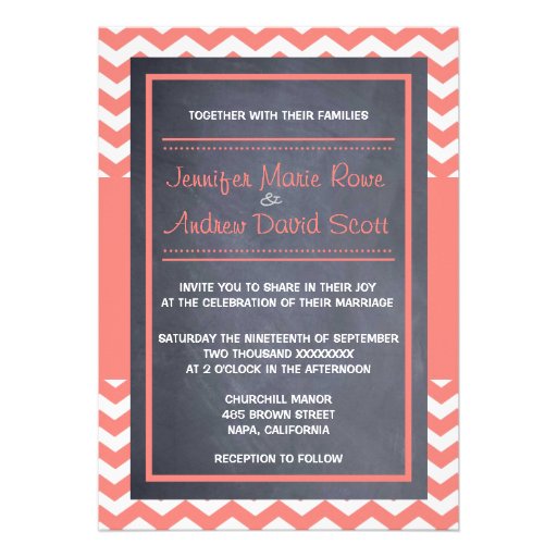 Coral Chevron Wedding Invitation (front side)