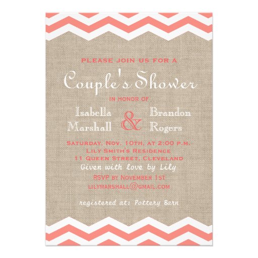 Coral Chevrons on Burlap Couple's Shower Invite (front side)