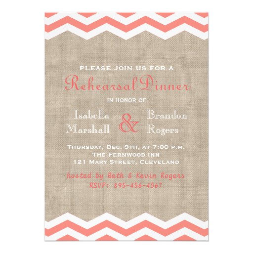 Coral Chevrons on Burlap Rehearsal Dinner Invite (front side)