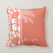Coral Color Tropical Hibiscus; Summer Palm Throw Pillows