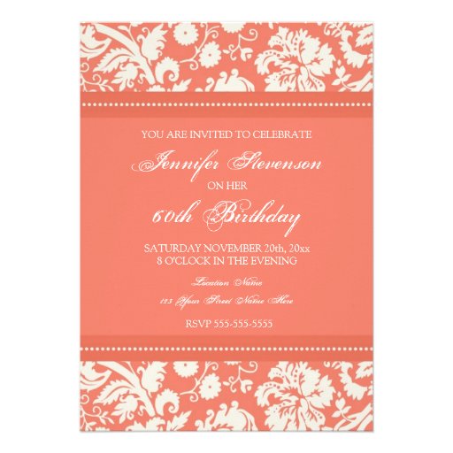 Coral Damask 60th Birthday Party Invitations