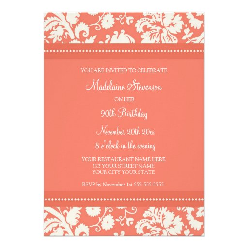 Coral Damask 90th Birthday Party Invitations