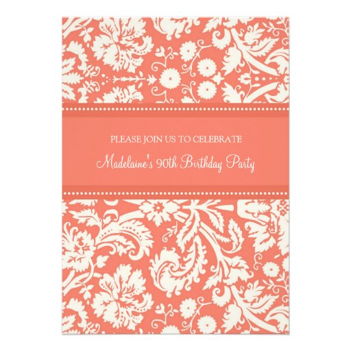 Coral Damask 90th Birthday Party Invitations (front side)