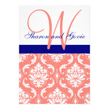 Coral Damask Navy Monogram Wedding Invitation