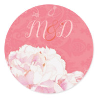 Coral Damask Peony Monogram Wedding Favour Stickers sticker