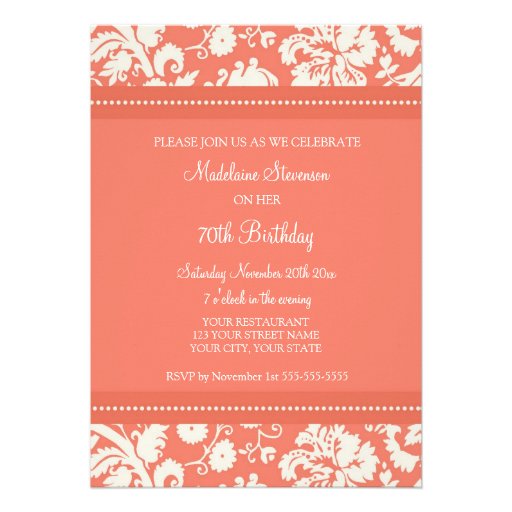 Coral Damask Photo 70th Birthday Party Invitations