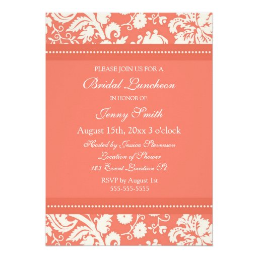 Coral Damask Photo Bridal Luncheon Invitation Card