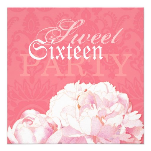Coral Damask & Pink Peony Sweet 16 Birthday Invite