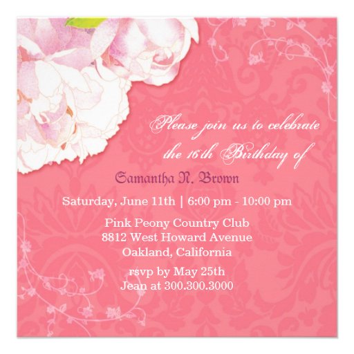 Coral Damask & Pink Peony Sweet 16 Birthday Invite