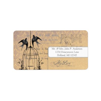 Coral Damask Vintage Bird Cage Air Mail Love Poem Custom Address Labels