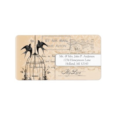 Coral Damask Vintage Bird Cage Air Mail Love Poem Custom Address Labels