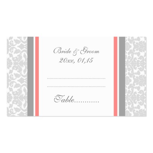 Coral Damask Wedding Table Place Setting Cards Business Card Templates (front side)