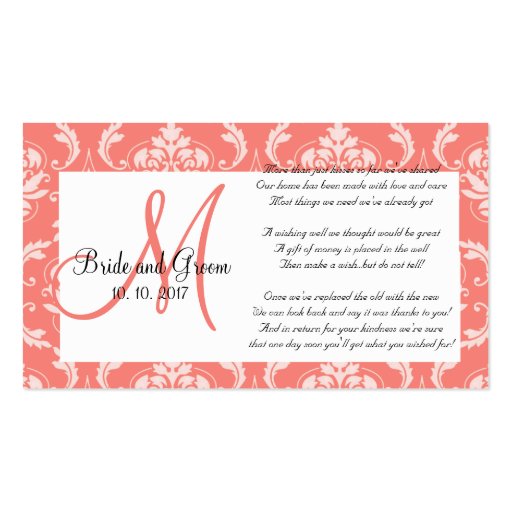 Coral Damask Wedding Wishing Well Card Business Cards (front side)
