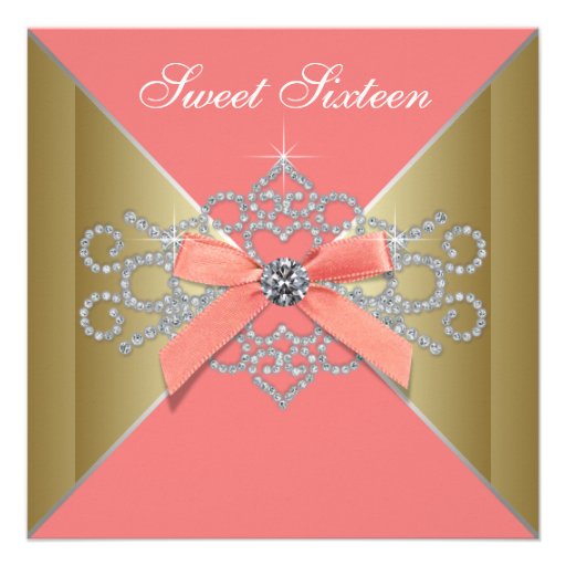 Coral Diamonds Coral Gold Sweet 16 Birthday Party Invitations