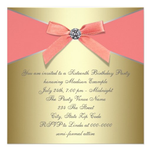 Coral Diamonds Coral Gold Sweet 16 Birthday Party Invitations